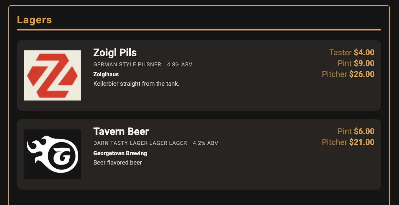 The Lagers section of a tap list display, with a logo, style, ABV, and taster, pint, and pitcher prices for each beer
