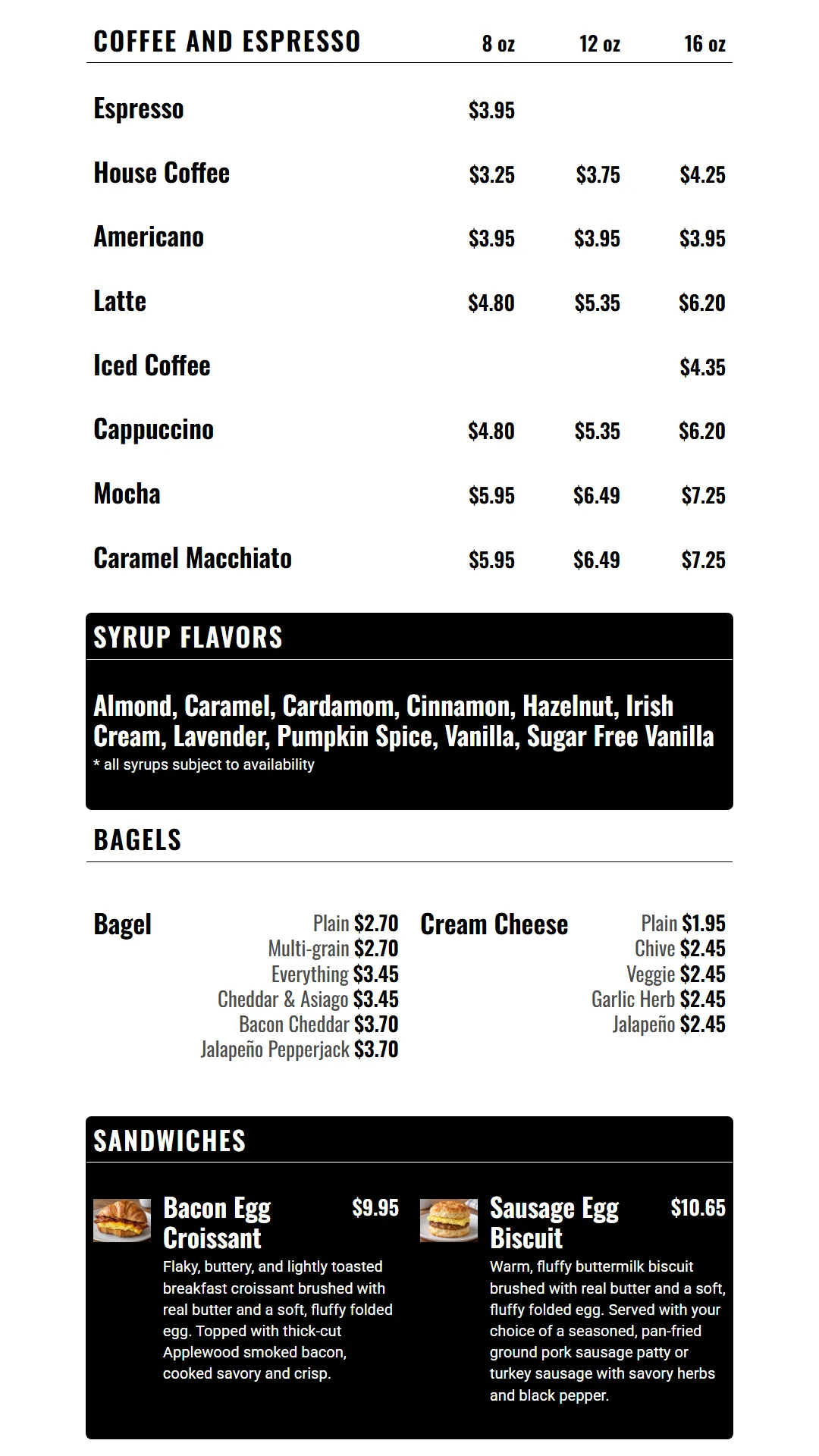 Coffee menu