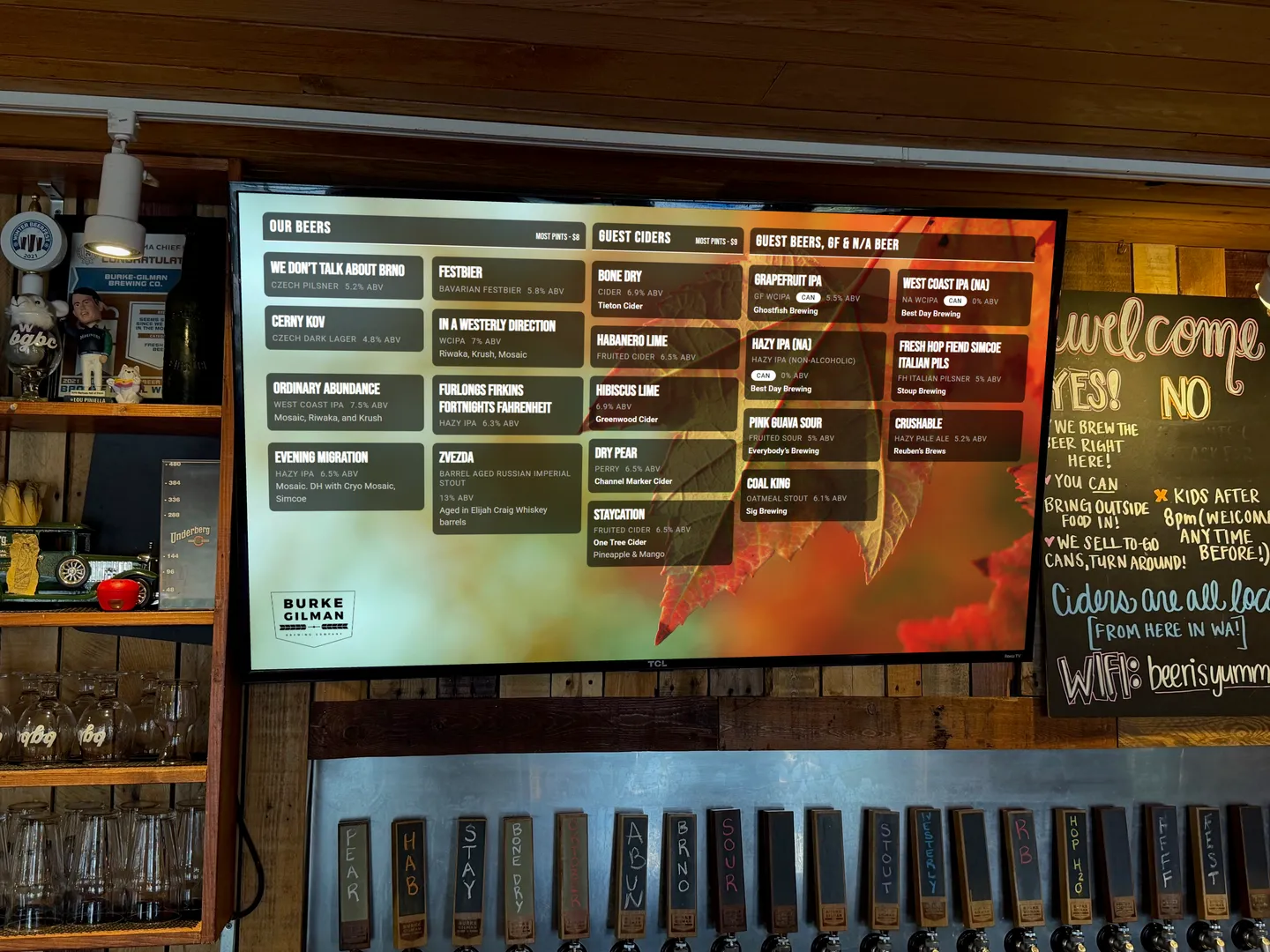 A Menu Tools tap-list display on a wall-mounted TV in the Burke-Gilman Brewing taproom