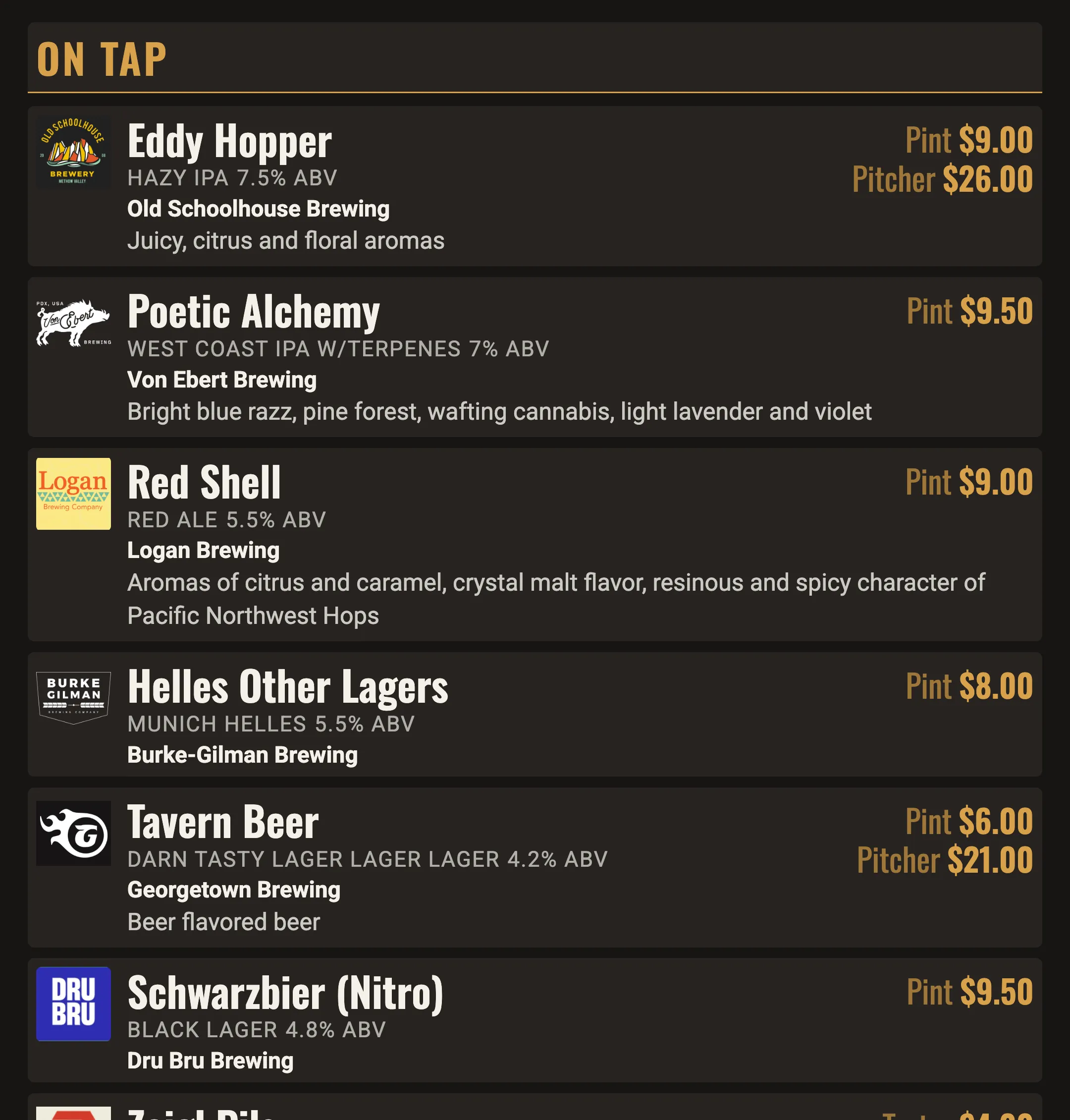 The same tap list board with Kölsch removed and the remaining beers moved up