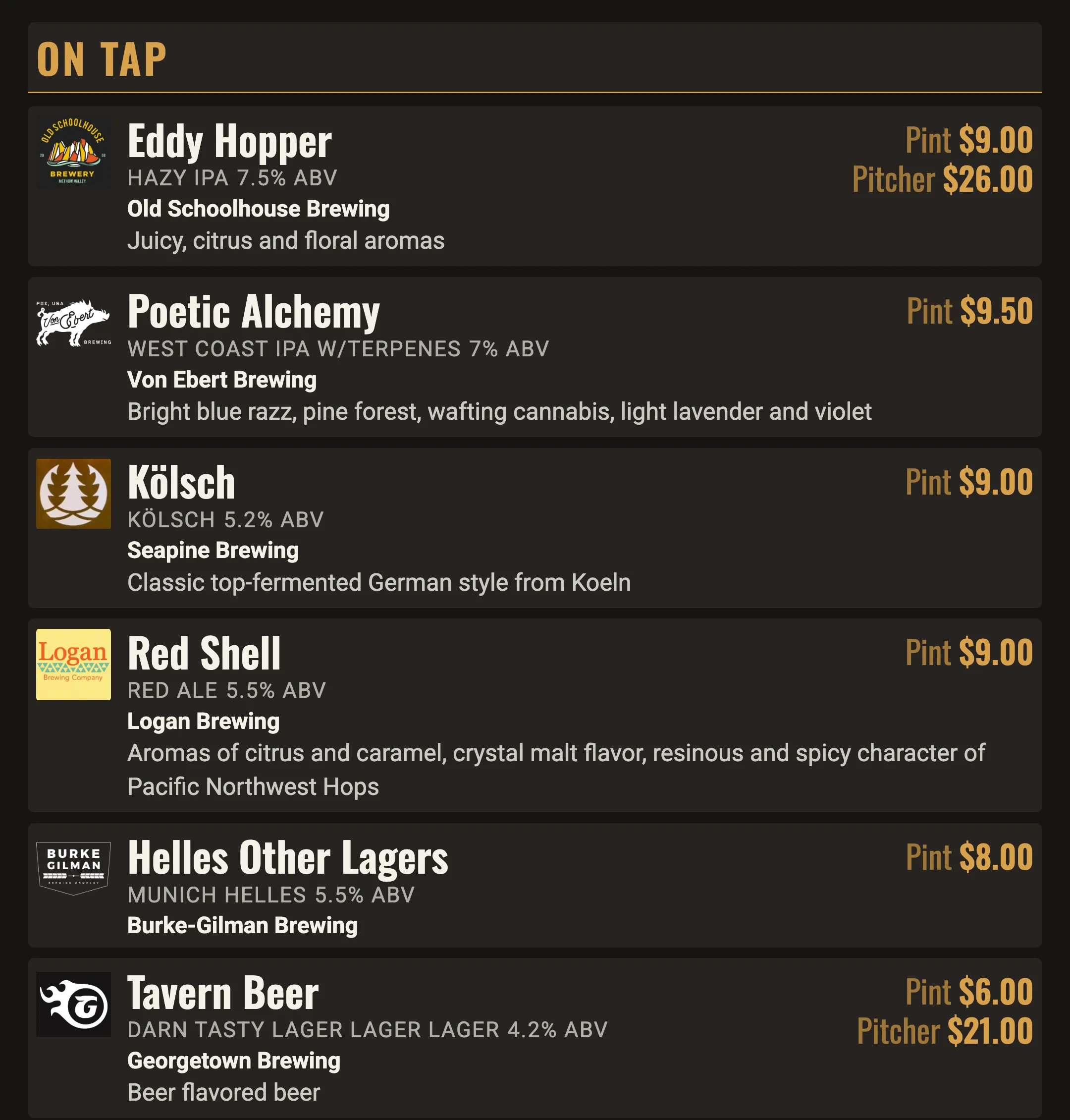 The tap list board with Kölsch still listed among the beers on tap