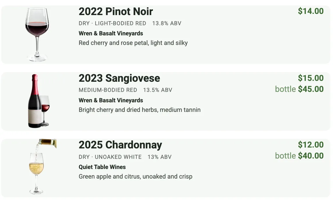 The same wine list display with the Cabernet removed and the remaining wines moved up