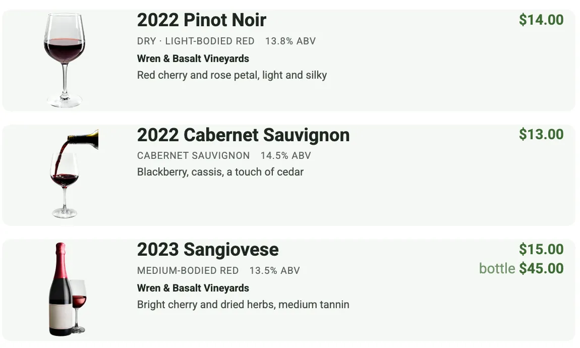 The wine list display with the Cabernet still listed